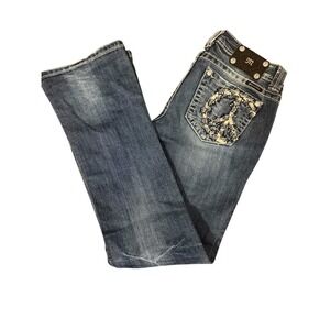 Miss Me Peace Sign Embellished Bootcut Jeans Size 28 Blue Distressed Y2K JP5356B
